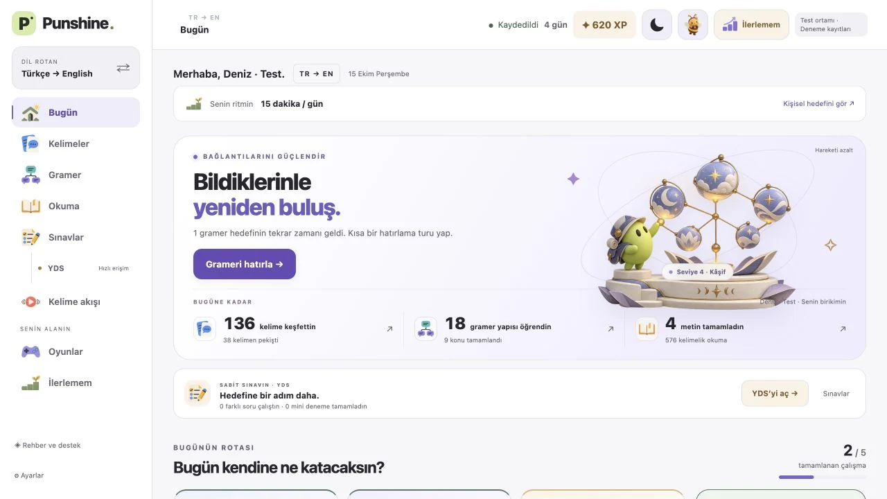 İngilizce günlük rota ve kişisel birikimi gösteren gerçek Punshine ana ekranı, açık tema örneği