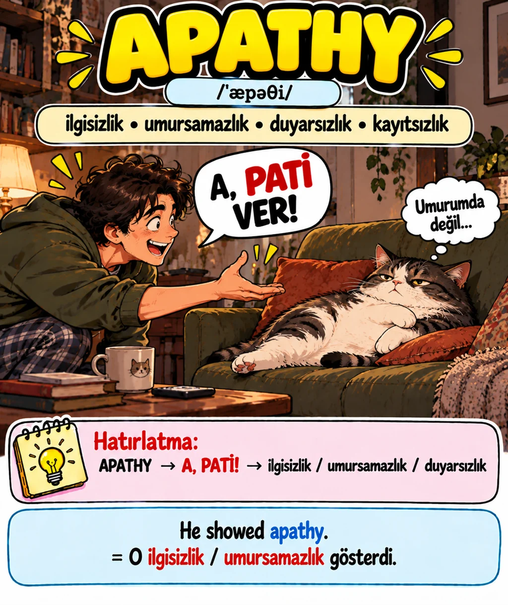 Pati isteyen birine kayıtsız kalan kediyle apathy kelime kartı